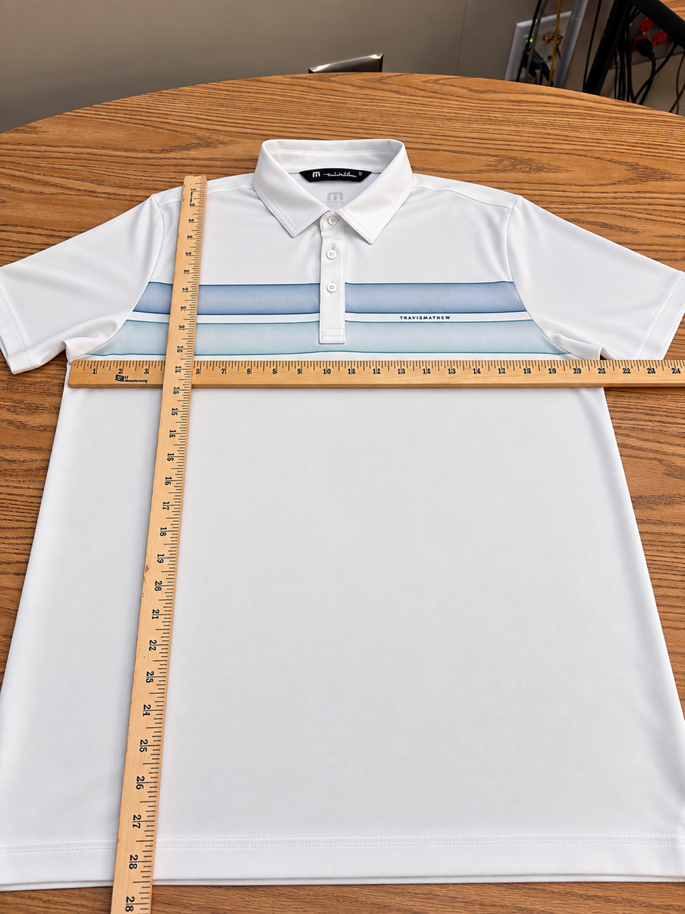 TravisMathew Polo Shirt Men’s Large White Blue Stripe Golf Performance NWOT